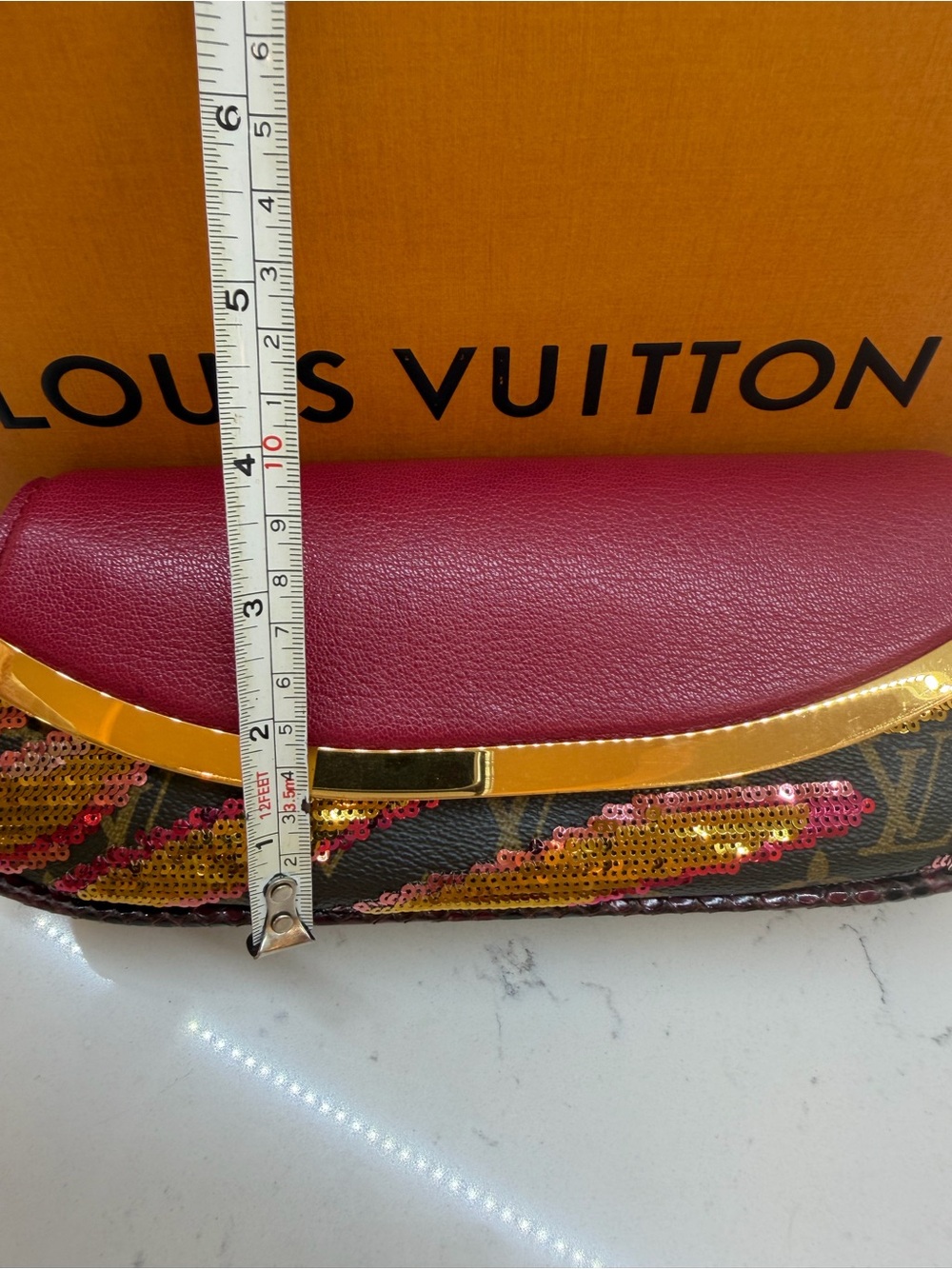 Louis Vuitton Magenta pink Sequin-Embellished Monogram Clutch with python Trim. - Picture 12 of 13